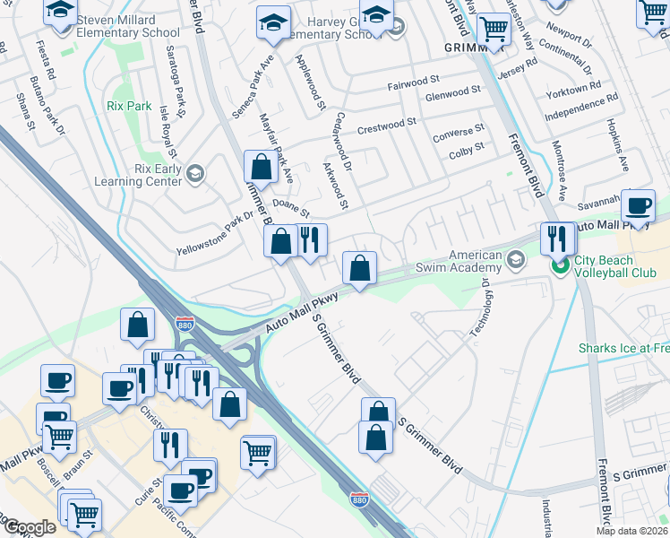 map of restaurants, bars, coffee shops, grocery stores, and more near 34 Eagle Green in Fremont