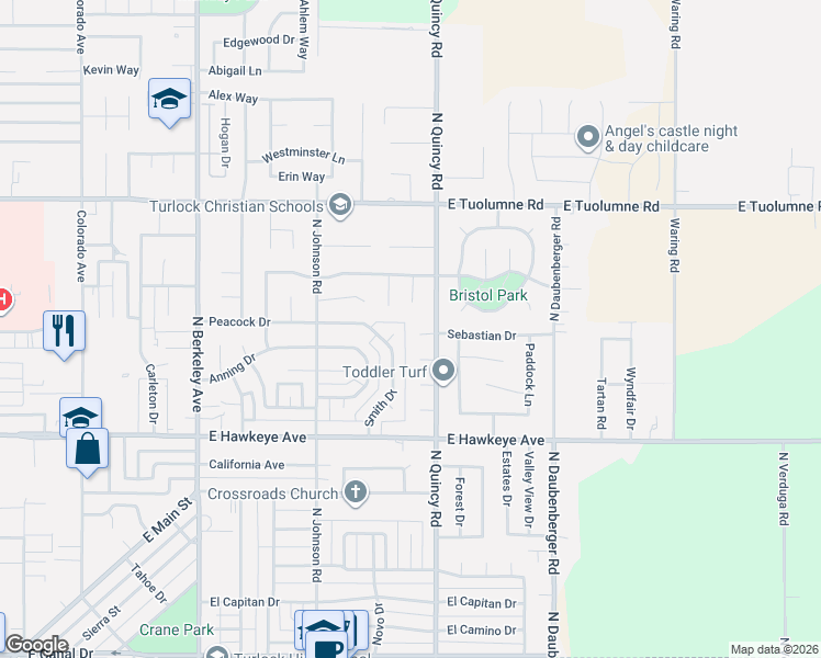 map of restaurants, bars, coffee shops, grocery stores, and more near 2351 Lynborough Court in Turlock