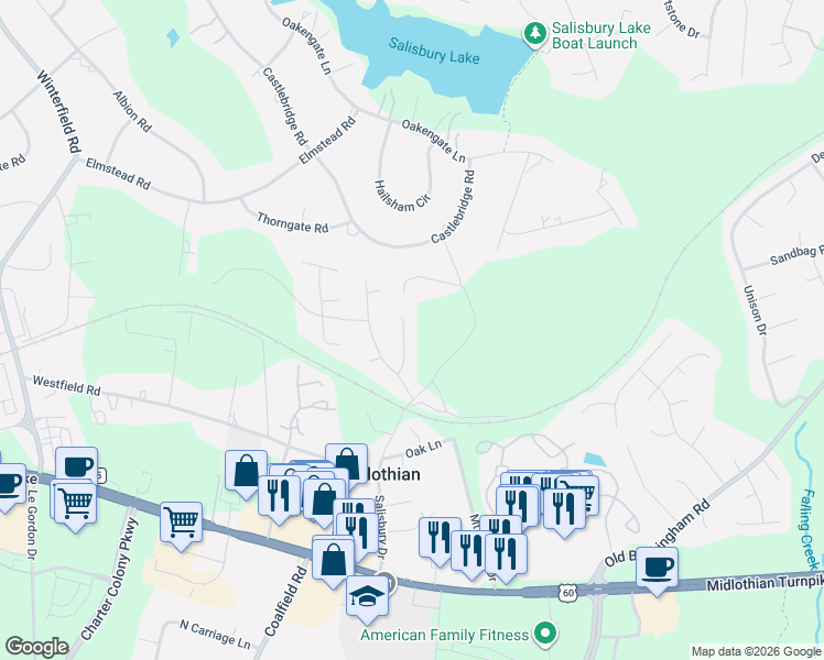 map of restaurants, bars, coffee shops, grocery stores, and more near 1615 Colehollow Drive in Midlothian