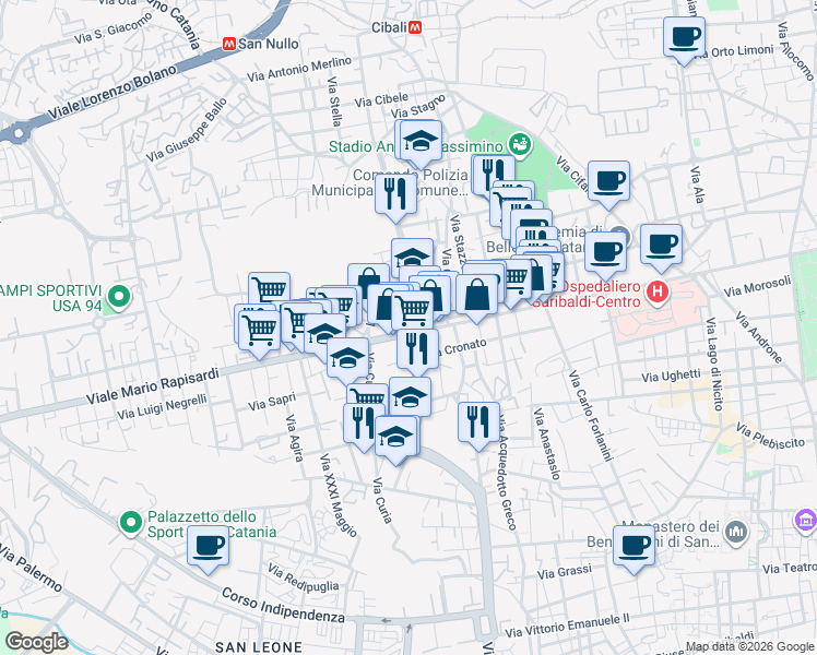 map of restaurants, bars, coffee shops, grocery stores, and more near 14 Via Caracciolo Ammiraglio in Catania
