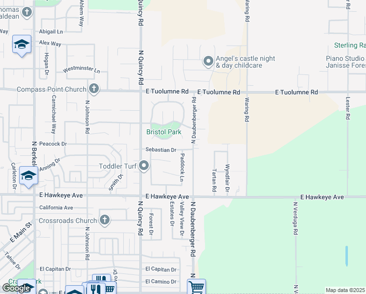map of restaurants, bars, coffee shops, grocery stores, and more near 2685 Sebastian Drive in Turlock