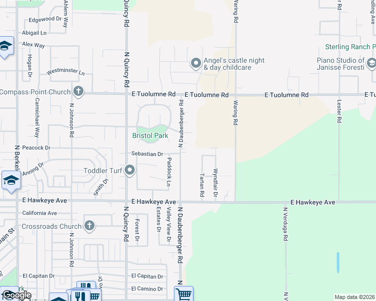 map of restaurants, bars, coffee shops, grocery stores, and more near 1900 North Daubenberger Road in Turlock