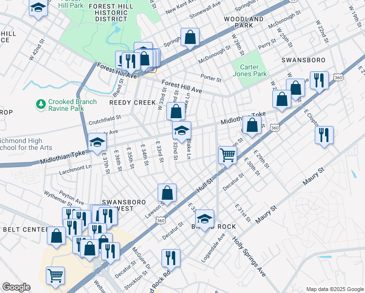 map of restaurants, bars, coffee shops, grocery stores, and more near 3160 Midlothian Turnpike in Richmond