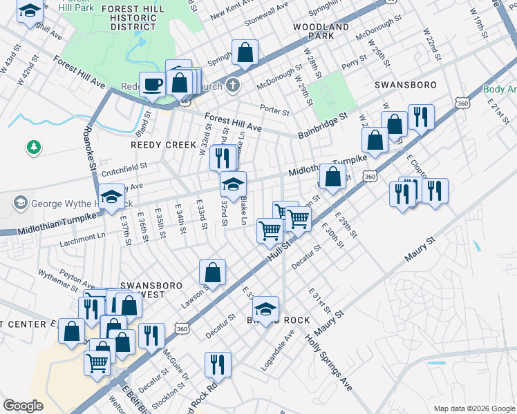 map of restaurants, bars, coffee shops, grocery stores, and more near 31 East 31st Street in Richmond