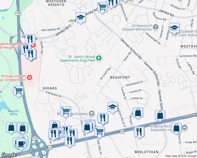 map of restaurants, bars, coffee shops, grocery stores, and more near 508 West Crieff Road in Richmond