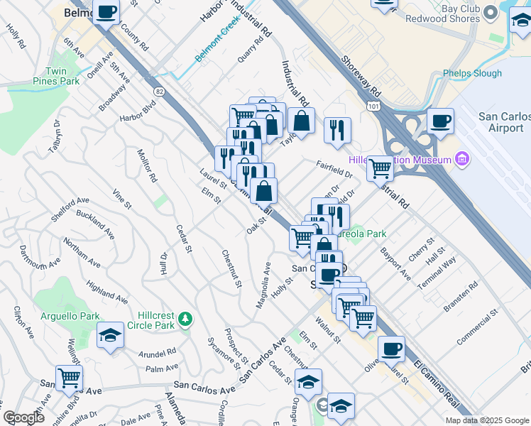 map of restaurants, bars, coffee shops, grocery stores, and more near in San Carlos