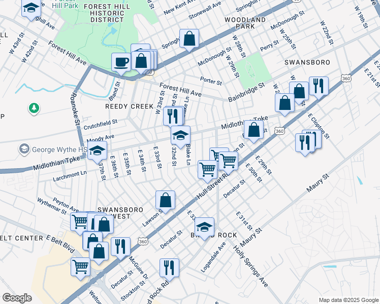 map of restaurants, bars, coffee shops, grocery stores, and more near 17 East Blake Lane in Richmond