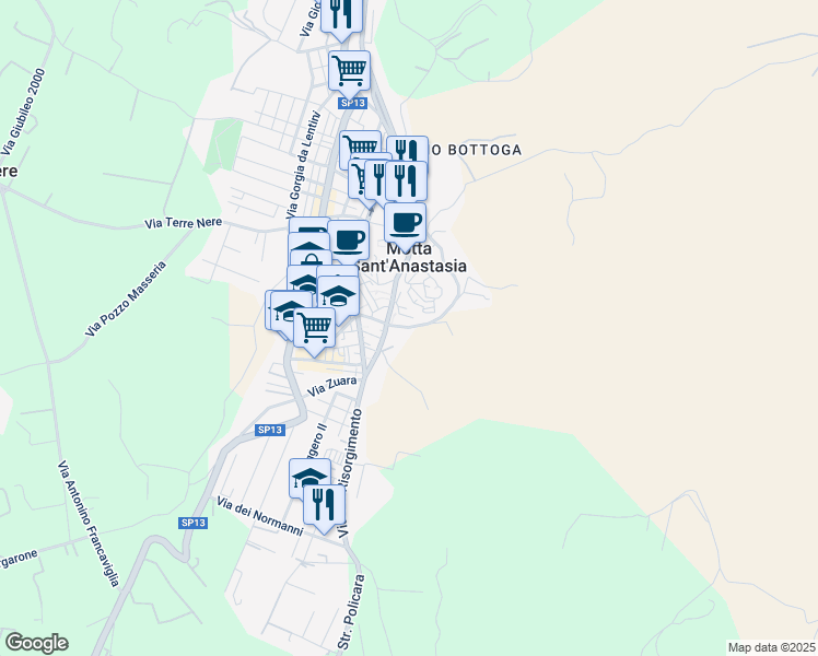 map of restaurants, bars, coffee shops, grocery stores, and more near 60 Via Montalto in Motta Sant'Anastasia
