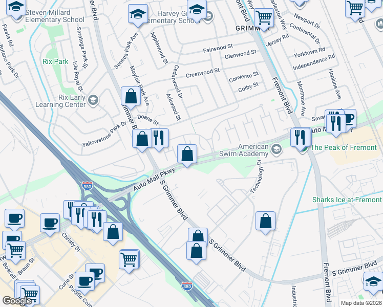 map of restaurants, bars, coffee shops, grocery stores, and more near 94 Delta Green in Fremont