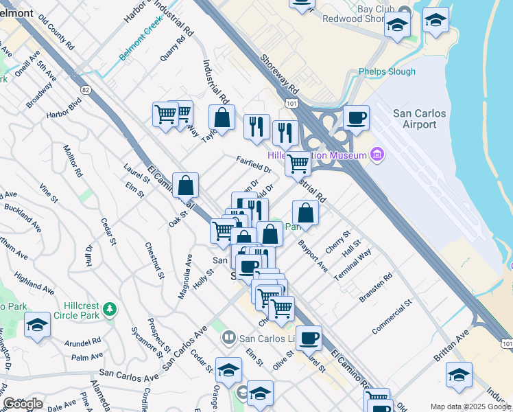 map of restaurants, bars, coffee shops, grocery stores, and more near 1023 Springfield Drive in San Carlos