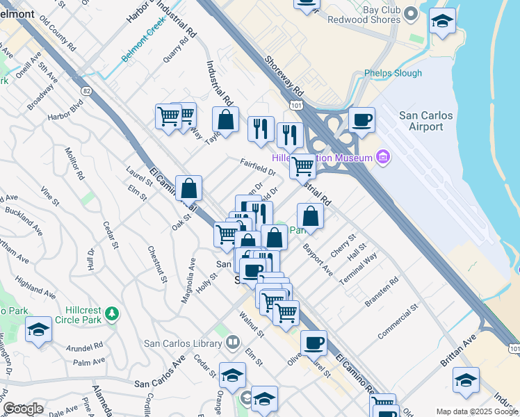 map of restaurants, bars, coffee shops, grocery stores, and more near 1023 Springfield Drive in San Carlos