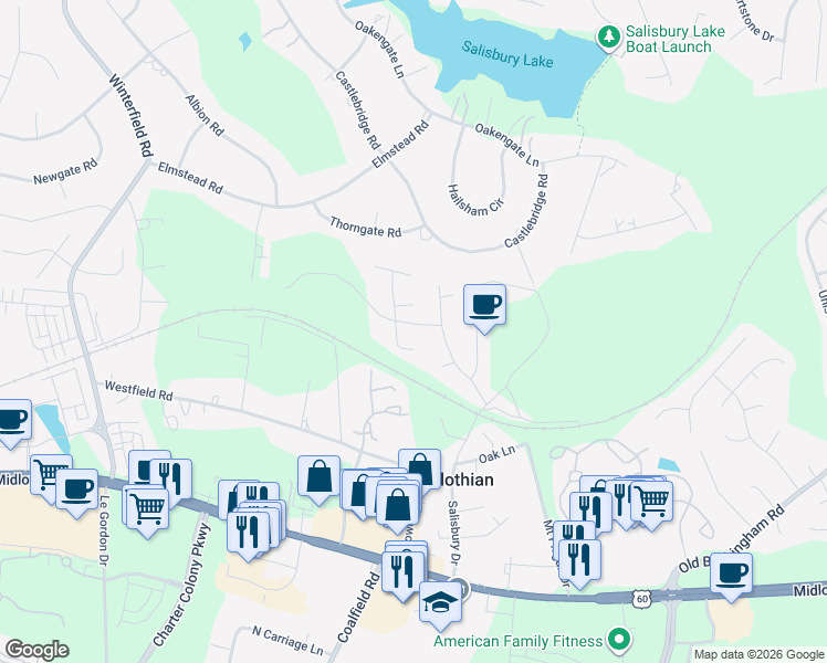 map of restaurants, bars, coffee shops, grocery stores, and more near 13615 Depot Street in Midlothian