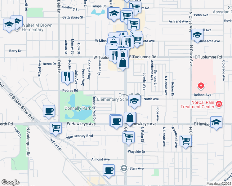 map of restaurants, bars, coffee shops, grocery stores, and more near 100 Pedras Road in Turlock