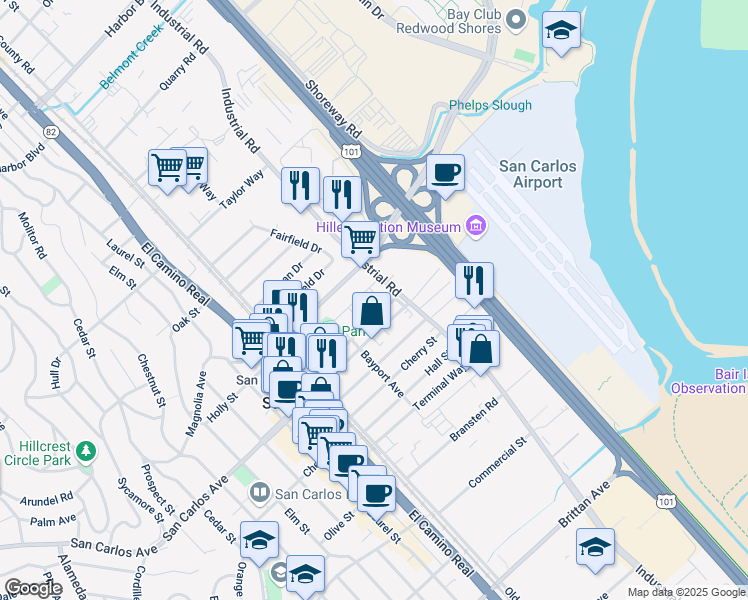 map of restaurants, bars, coffee shops, grocery stores, and more near 75 Bayport Court in San Carlos