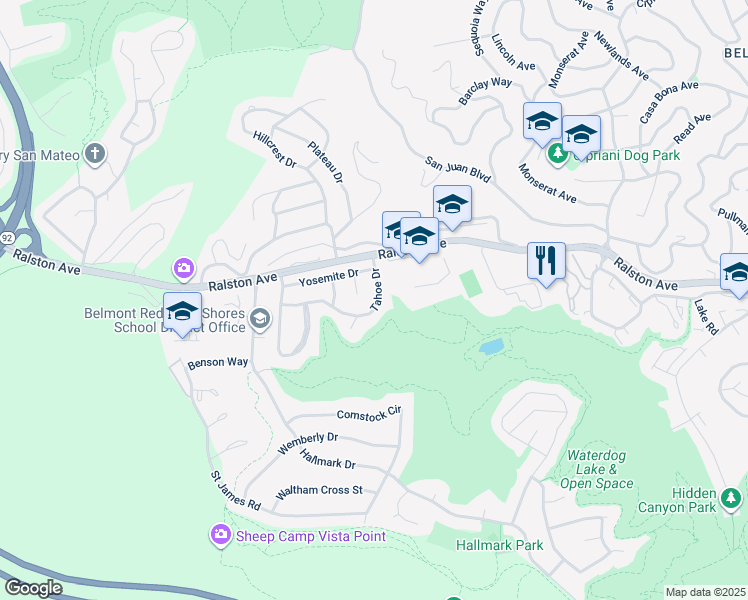 map of restaurants, bars, coffee shops, grocery stores, and more near 1032 Tahoe Drive in Belmont