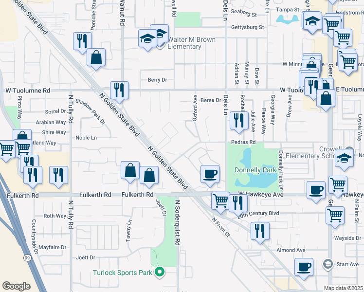 map of restaurants, bars, coffee shops, grocery stores, and more near 1119 Pedras Road in Turlock