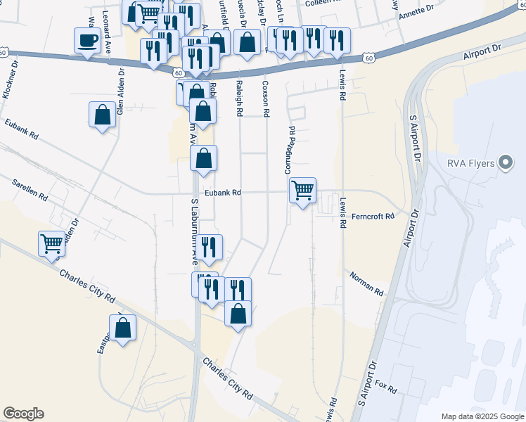 map of restaurants, bars, coffee shops, grocery stores, and more near 5406 Coxson Road in Richmond