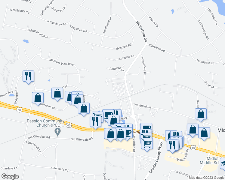 map of restaurants, bars, coffee shops, grocery stores, and more near 1320 Winterfield Road in Midlothian