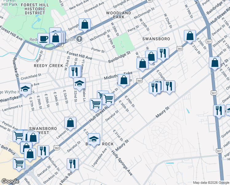 map of restaurants, bars, coffee shops, grocery stores, and more near 205 East 30th Street in Richmond