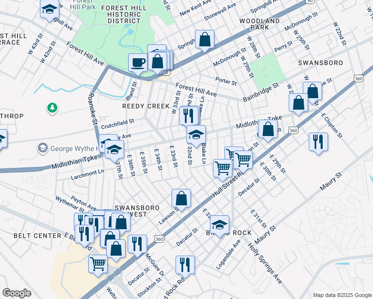 map of restaurants, bars, coffee shops, grocery stores, and more near 18 East 32nd Street in Richmond