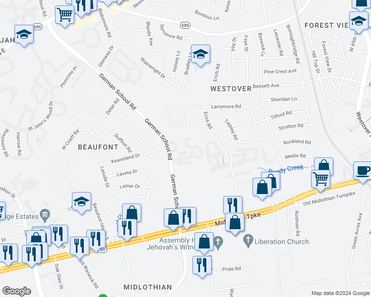 map of restaurants, bars, coffee shops, grocery stores, and more near 5782 Westover Village Drive in Richmond