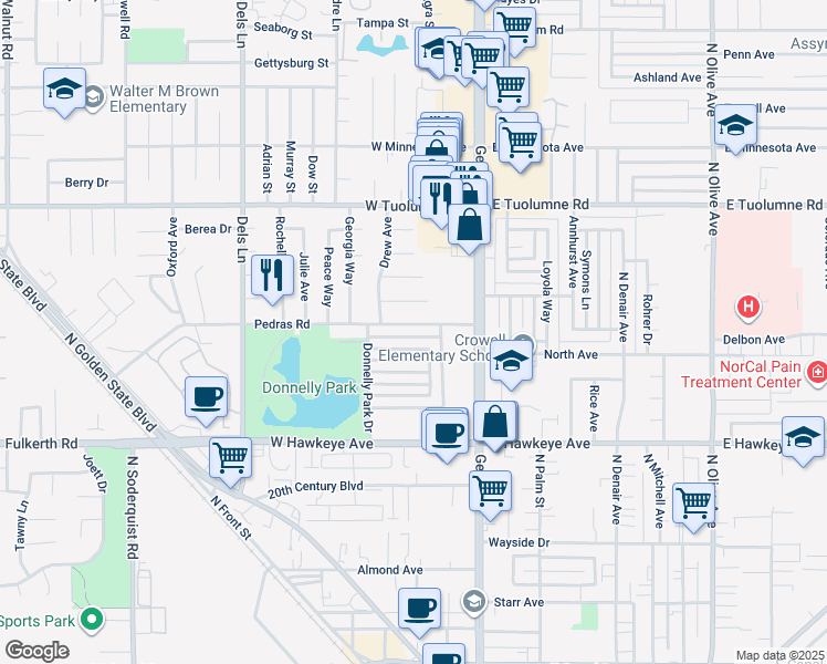 map of restaurants, bars, coffee shops, grocery stores, and more near 240 Pedras Road in Turlock