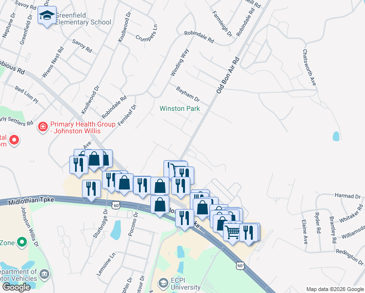 map of restaurants, bars, coffee shops, grocery stores, and more near 1142 Old Bon Air Road in Richmond