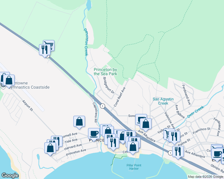 map of restaurants, bars, coffee shops, grocery stores, and more near 120 Bridgeport Drive in El Granada