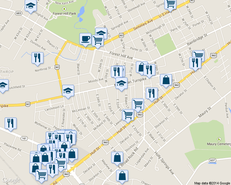 map of restaurants, bars, coffee shops, grocery stores, and more near 18 East 32nd Street in Richmond