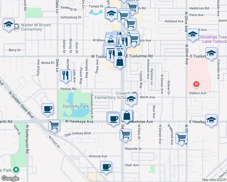 map of restaurants, bars, coffee shops, grocery stores, and more near 100 Pedras Road in Turlock