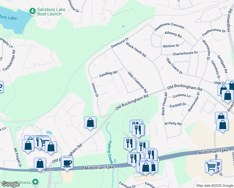 map of restaurants, bars, coffee shops, grocery stores, and more near 1406 Sandbag Terrace in Midlothian