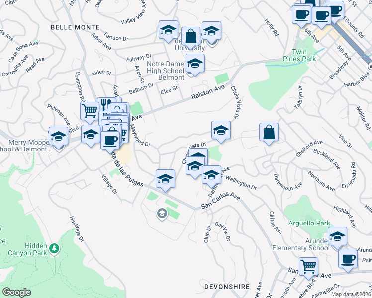 map of restaurants, bars, coffee shops, grocery stores, and more near 1660 Chula Vista Drive in Belmont