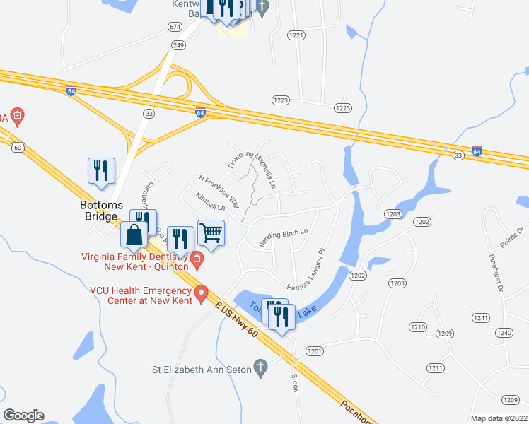 map of restaurants, bars, coffee shops, grocery stores, and more near 2812 Patriots Landing Drive in Quinton