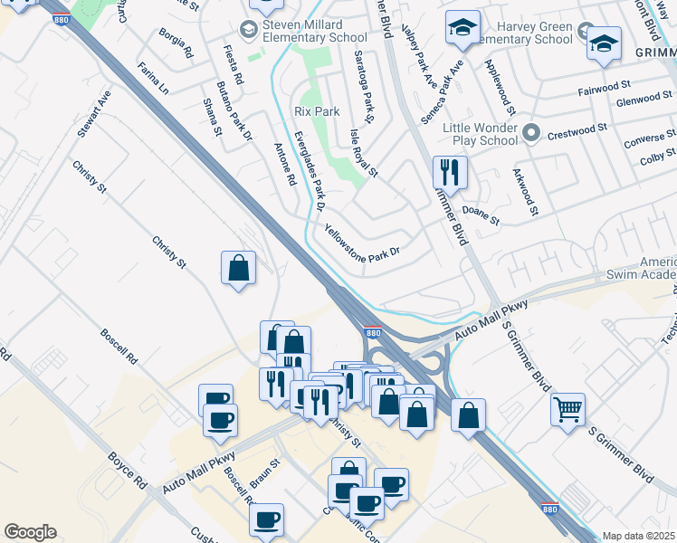 map of restaurants, bars, coffee shops, grocery stores, and more near 43049 Everglades Park Drive in Fremont