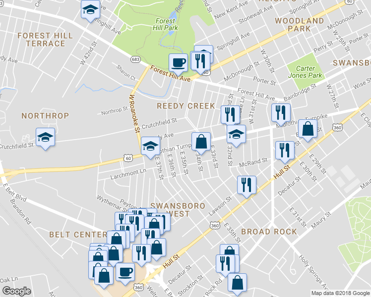 map of restaurants, bars, coffee shops, grocery stores, and more near 1 East 35th Street in Richmond