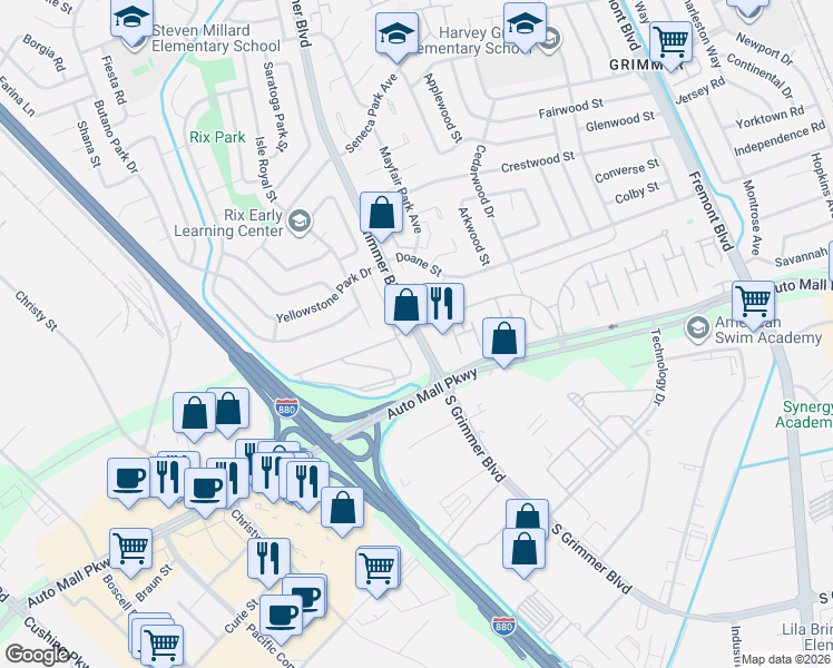map of restaurants, bars, coffee shops, grocery stores, and more near 43410 Grimmer Boulevard in Fremont