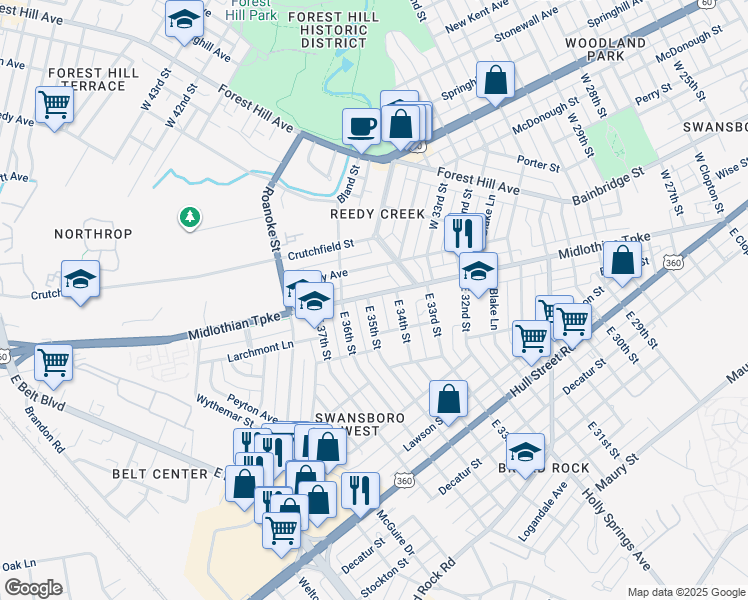 map of restaurants, bars, coffee shops, grocery stores, and more near 1 East 35th Street in Richmond
