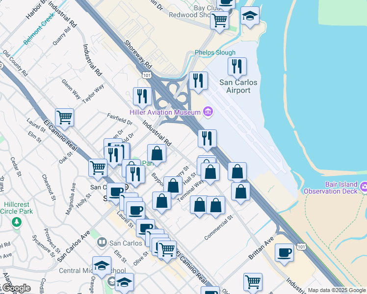 map of restaurants, bars, coffee shops, grocery stores, and more near 625 Industrial Road in San Carlos