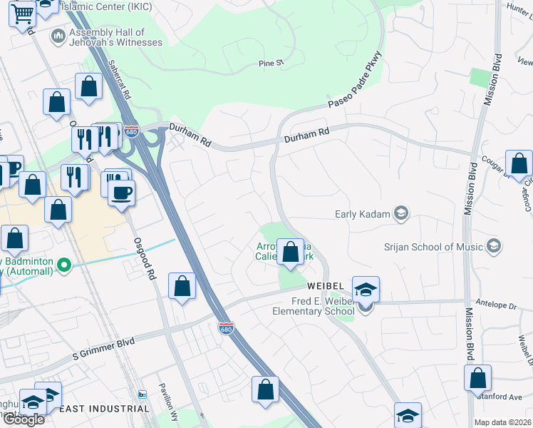 map of restaurants, bars, coffee shops, grocery stores, and more near 44561 Arapaho Avenue in Fremont