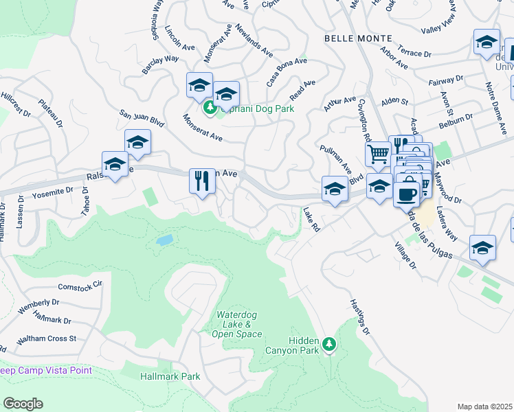 map of restaurants, bars, coffee shops, grocery stores, and more near 1115 Continentals Way in Belmont