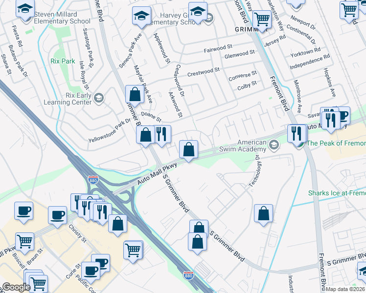 map of restaurants, bars, coffee shops, grocery stores, and more near 94 Delta Green in Fremont