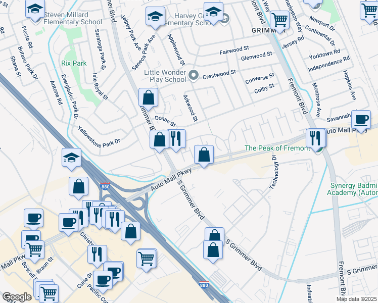 map of restaurants, bars, coffee shops, grocery stores, and more near 27 Eagle Green in Fremont