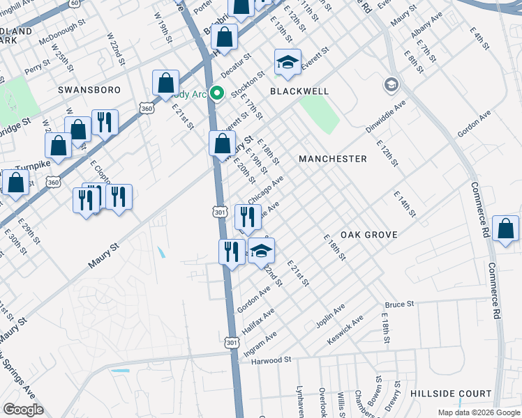 map of restaurants, bars, coffee shops, grocery stores, and more near 2010 Dinwiddie Avenue in Richmond