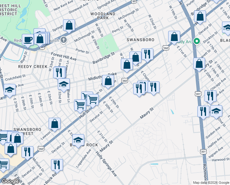 map of restaurants, bars, coffee shops, grocery stores, and more near 2864 Hull Street in Richmond
