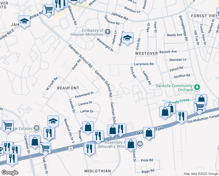map of restaurants, bars, coffee shops, grocery stores, and more near 429 German School Road in Richmond