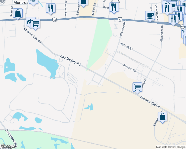 map of restaurants, bars, coffee shops, grocery stores, and more near 2211 Charles City Road in Richmond
