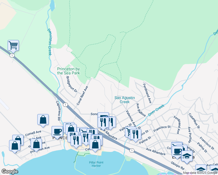 map of restaurants, bars, coffee shops, grocery stores, and more near 389 Avenue Granada in El Granada