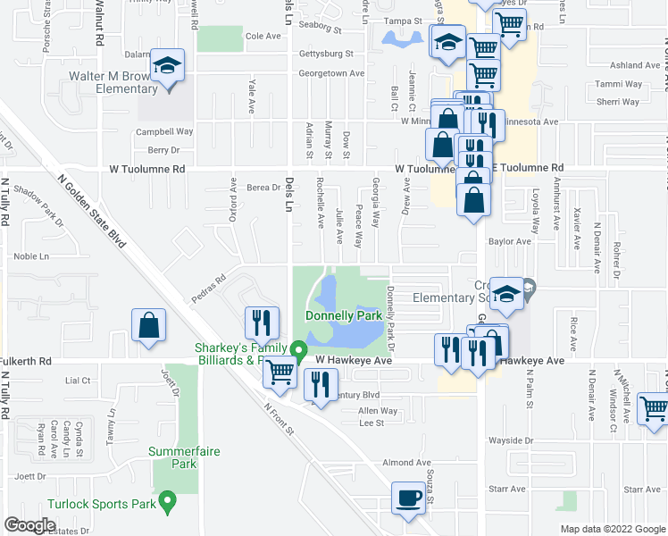 map of restaurants, bars, coffee shops, grocery stores, and more near 630 Pedras Road in Turlock