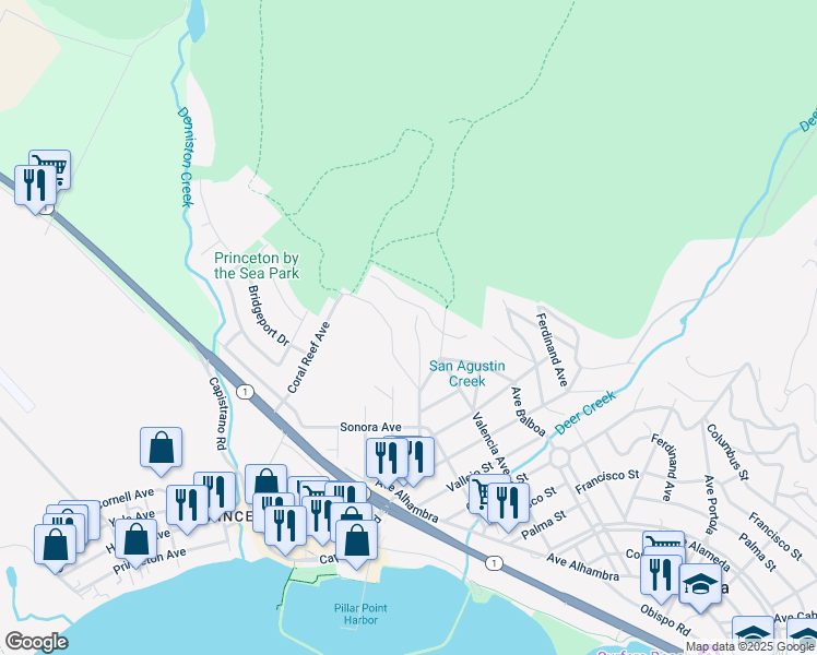 map of restaurants, bars, coffee shops, grocery stores, and more near 389 Avenue Granada in El Granada