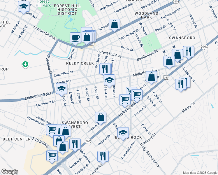map of restaurants, bars, coffee shops, grocery stores, and more near 3160 Midlothian Turnpike in Richmond